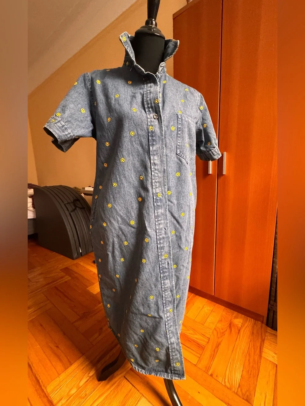 Denim Shirt Dress with Yellow Smile Embroidery - Kids